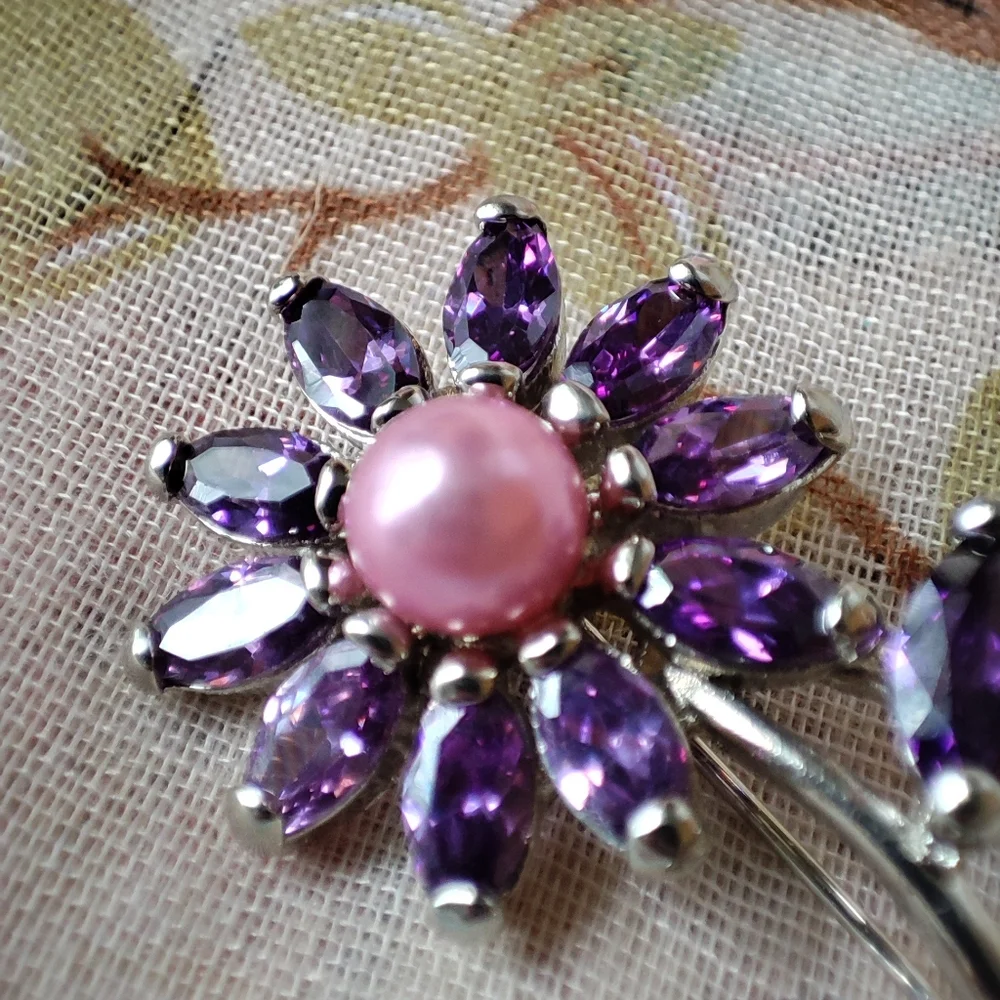 Amethyst Cubic Zirconia Purple Faux Pink Pearl Pin Brooch NEW